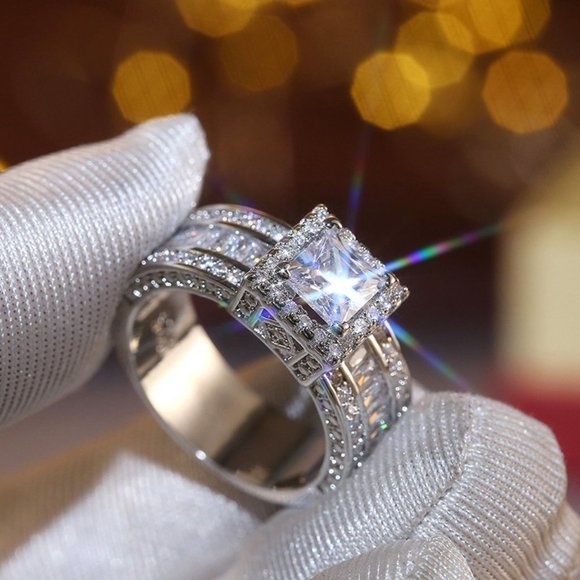 💎Three Layer Full Zircon Square Anillos Princess Cut Rings for Women, P… - Picture 1 of 9